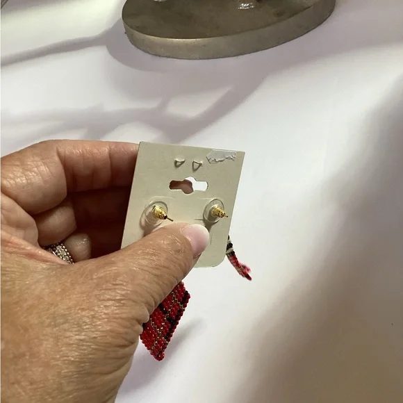 ICON Red and Black Beaded Dangle Earrings, Pierced NWT - Picture 3 of 4